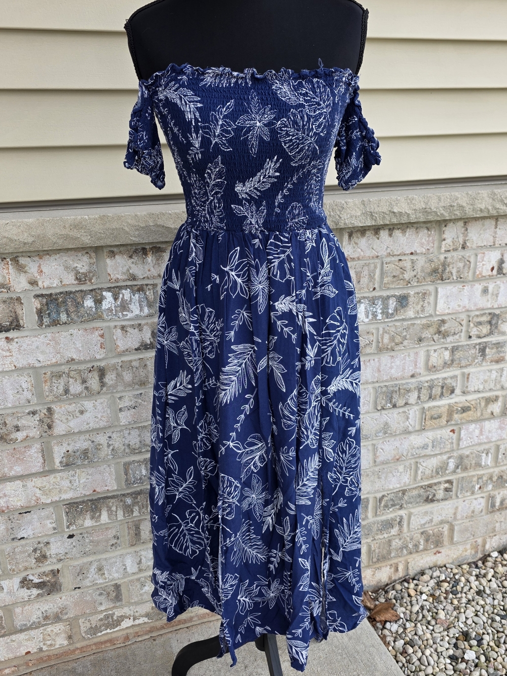 Boho Off Shoulder Smocked Midi Dress Blue Floral Cottagecore